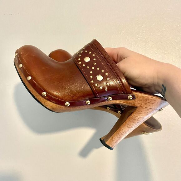 Vtg 90s Y2K Michael Kors Brown Leather Platform Studded Clogs Mules Heels - 8 US - Picture 4 of 8